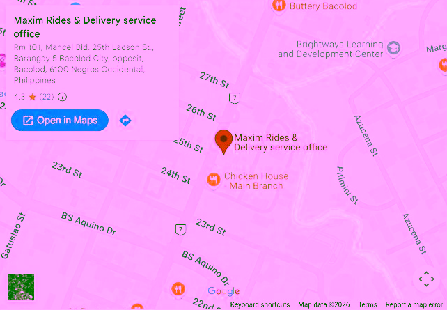 Captured public map showing the Maxim Bacolod office; local preview